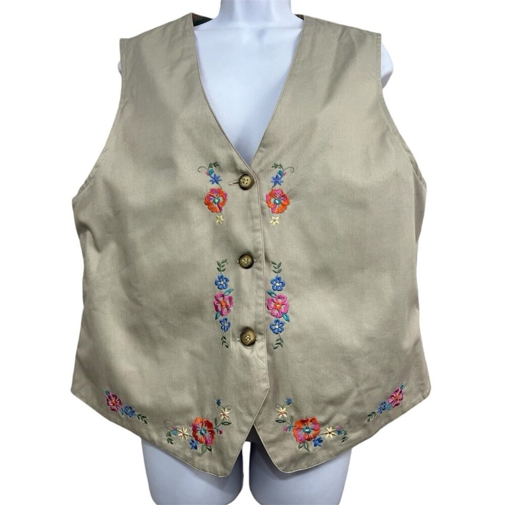 Vtg Women‎ Vest Embroidered XL Floral Khaki Plaid Reversible Cottagecore Granny - Picture 2 of 7